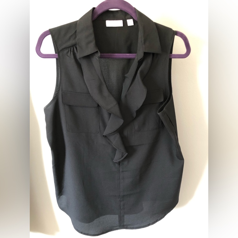 Black Sleeveless Top with Ruffle Neckline